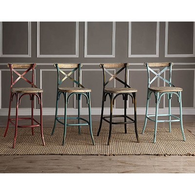 Row of five vintage-style bar stools in different colors