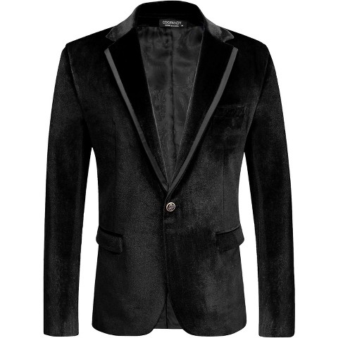 COOFANDY Men's Velvet Blazer One Button Velour Tuxedo Jacket Notched Lapel Suit Jackets for Prom Wedding Party Dinner Black L