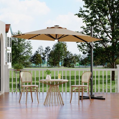 10FT Cantilever Umbrella w/ Solar Lights, 360° Rotation & Tilt, Easy Crank, UV Protection for Pool, Deck, Backyard