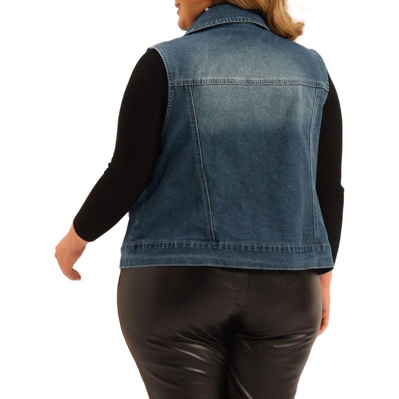 Agnes Orinda Women's Plus Size Zip Up Washed Denim Motorcycle Sleeveless Jean Vest, 4 of 6