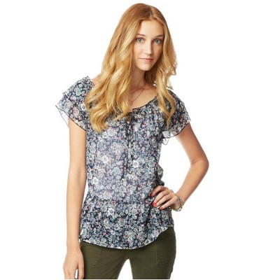 Aeropostale Womens Floral Chiffon Baby Doll Blouse