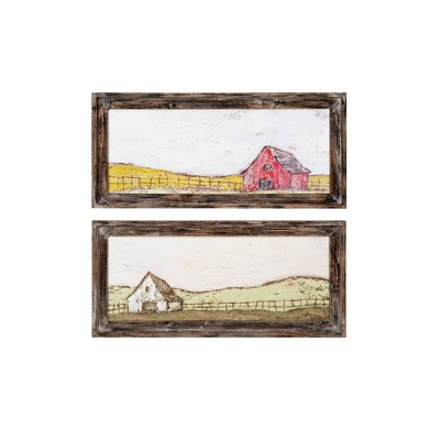 28" x 12.5" (Set of 2) Designs Barn Scene Decorative Wall Art in Distressed Wood Frame - 3R Studios