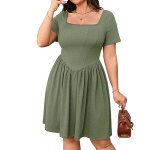Coolmee Women Summer Mini Dress Casual Short Sleeve Square Neck A Line Pleated Swing Dresses Basic Short Sundress - 1 of 4