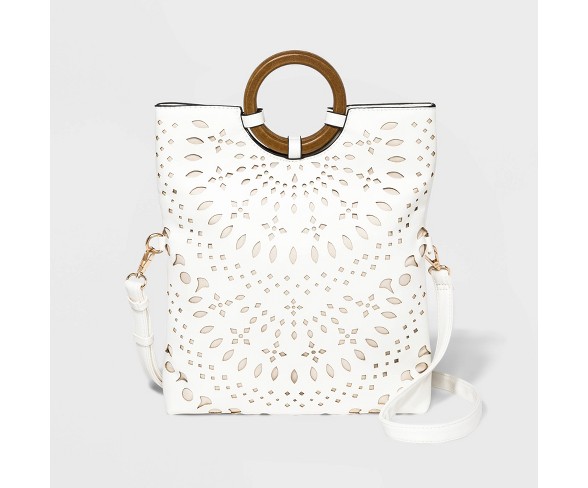 VR NYC Laser Cut Wood Handle Foldover Crossbody Bag - White