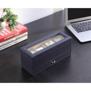 Gulches 9.3" Long Tempered Glass and Leather Jewelry / Watch Display with Drawers, Blue - 1 of 4