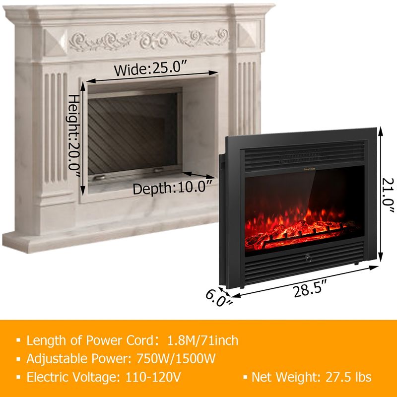 Costway 28.5" Fireplace Electric Embedded Insert Heater Glass Log Flame Remote, 2 of 11
