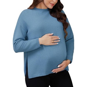 INSPIRE CHIC Women's Maternity Sweater Tops Long Sleeve Shirts Side Slit Stripe Ribbed Knit Mock Neck Pullover Pregnancy - 1 of 4