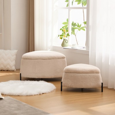 2-Piece Faux Fur Storage Ottoman Set with Tray Lid and Metal Legs,Coffee Table Footrest for Bedroom or Living Room-Cuddlewood