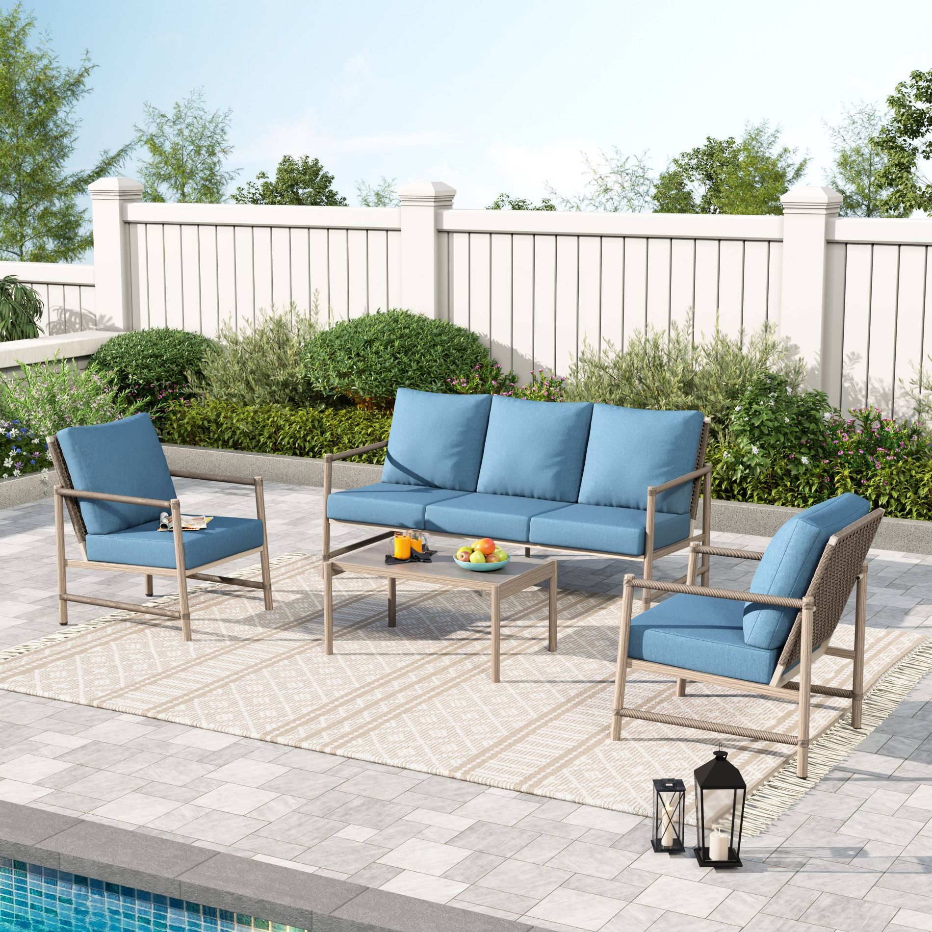 Captiva Designs Coastal 4pc Patio Steel and Rattan Sofa Conversation Set with Coffee Table