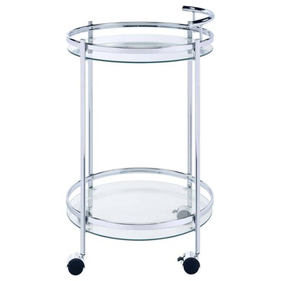 Modern Glam Silver Chrome Round Bar Cart with Tempered Glass Shelves