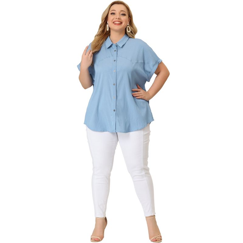Agnes Orinda Women's Plus Size Chambray Work Roll Sleeves Buttons Down Shirts, 3 of 7