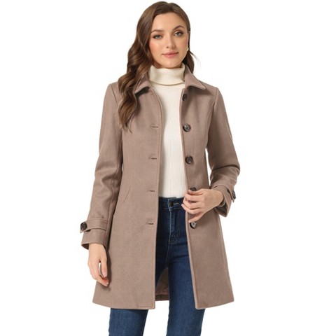 Allegra K Women's Winter Outerwear Peter Pan Collar Mid-thigh A-line Single Breasted Coat Taupe khaki Medium
