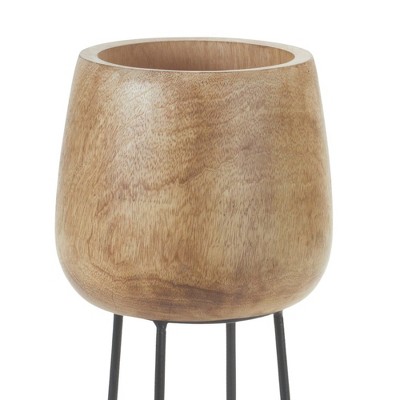 Natural Wood Planter with Black Metal Stand, 12"H