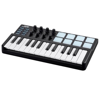 Monoprice SRK 25 Key Mini USB MIDI Keyboard Controller with 8 Velocity & Pressure Sensitive Pads, 4 Assignable Knobs, 4 Sliders - Stage Right Series