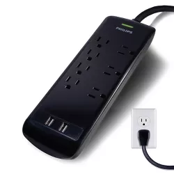 Philips 7-Outlet 2 USB Port Surge Protector with 4ft Extension Cord, Black