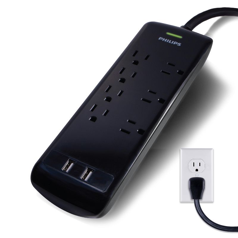 Philips 7-Outlet 2 USB Port Surge Protector with 4ft Extension Cord, Black, 1 of 13