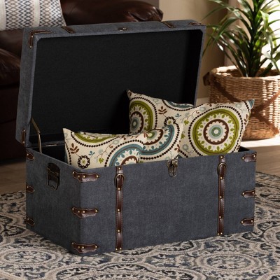 Palma Gray Fabric Upholstered Storage Trunk Ottoman with Brass Accents
