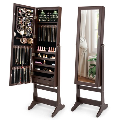 Tangkula Lockable Lighting Mirrored Jewelry Cabinet Dressing Storage Box with LED lights Brown