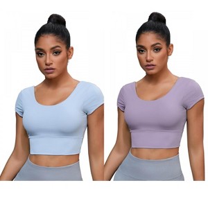 INSPIRE CHIC 2 Pcs Women's U Neck Short Sleeve Deep V Back Workout Tank Tops with Built-in Bras - 1 of 4