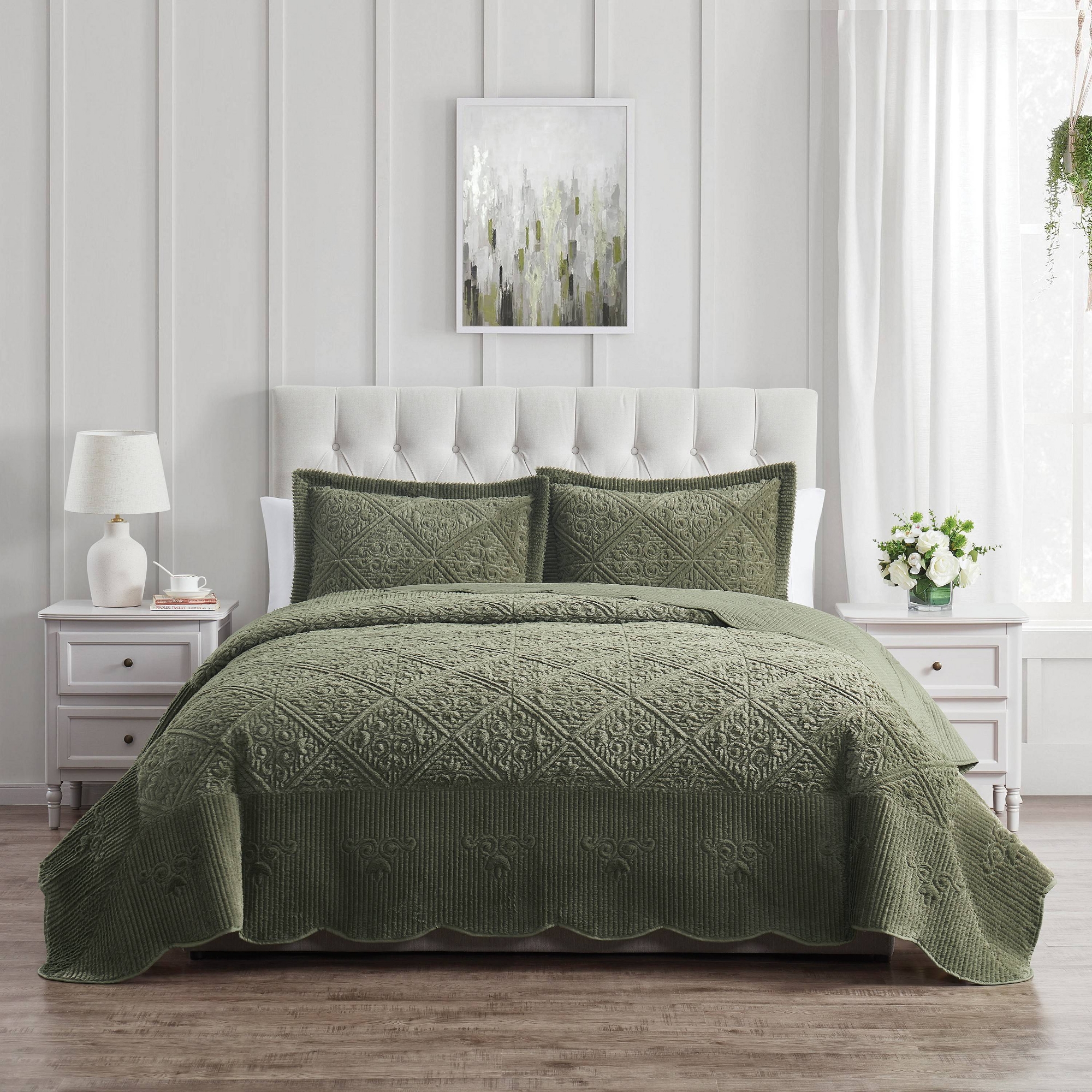 VCNY 3pc King Westland Quilted Plush Bedspread Set Olive Green: Hypoallergenic, Embroidered, Microfiber