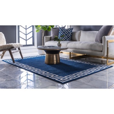 Navy Blue Geometric Border Rectangular Synthetic Rug
