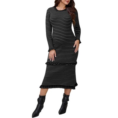 INSPIRE CHIC Women's Maternity Sweater Dress Stripped Ruffle Winter Warm Stretchy Knit Long Sleeve Maxi Dresses