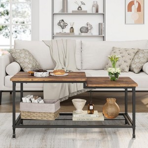 Rustic Brown Industrial Coffee Table with 2-Tier Mesh Shelf, Metal Frame, Waterproof Surface, Easy Assembly for Living Room, Bedroom, Office - 1 of 4