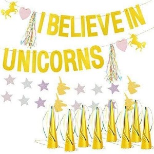 Blue Panda Gold Unicorn Party Kits - "I Believe in Unicorns" Banner String, 12 Hats, 6 Tassels, 1 Star Garland - 1 of 3