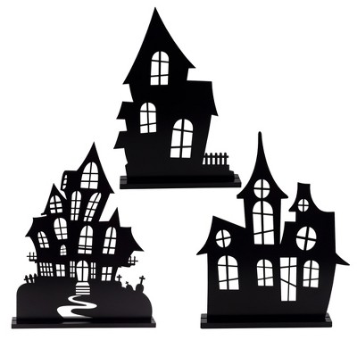 AuldHome Design Spooky Halloween House Village Silhouettes, 3pc Set; Scary Haunted House Wood Statue Figurines Centerpiece Set