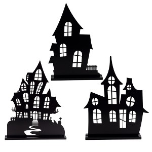 AuldHome Design Spooky Halloween House Village Silhouettes, 3pc Set; Scary Haunted House Wood Statue Figurines Centerpiece Set - 1 of 4