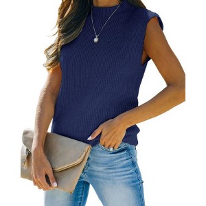 Womens Cap Sleeve Pullover Sweater Knit Tank Tops Crew Neck Sweater - 1 of 4
