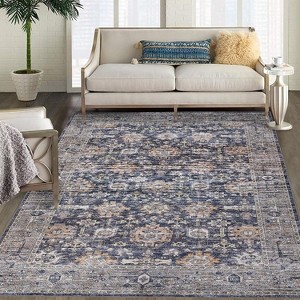 8x10 Vintage Rug – Low-Pile Non-Slip Washable Distressed Carpet, Stain-Resistant Indoor Throw for Bedroom, Dining, Home Office, Blue - 1 of 4
