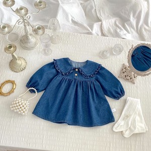 MyKids-Usa Spring Baby Girls Blue Denim Long-sleeved Onesies or Dress - 1 of 4