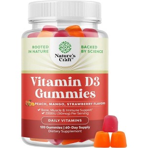 Vitamin D3 Gummies, Vitamin D Gummies for Adults with Vitamin D3 2000IU per Serving for Bone Muscle & Immune Support, Nature's Craft, 120ct - 1 of 4