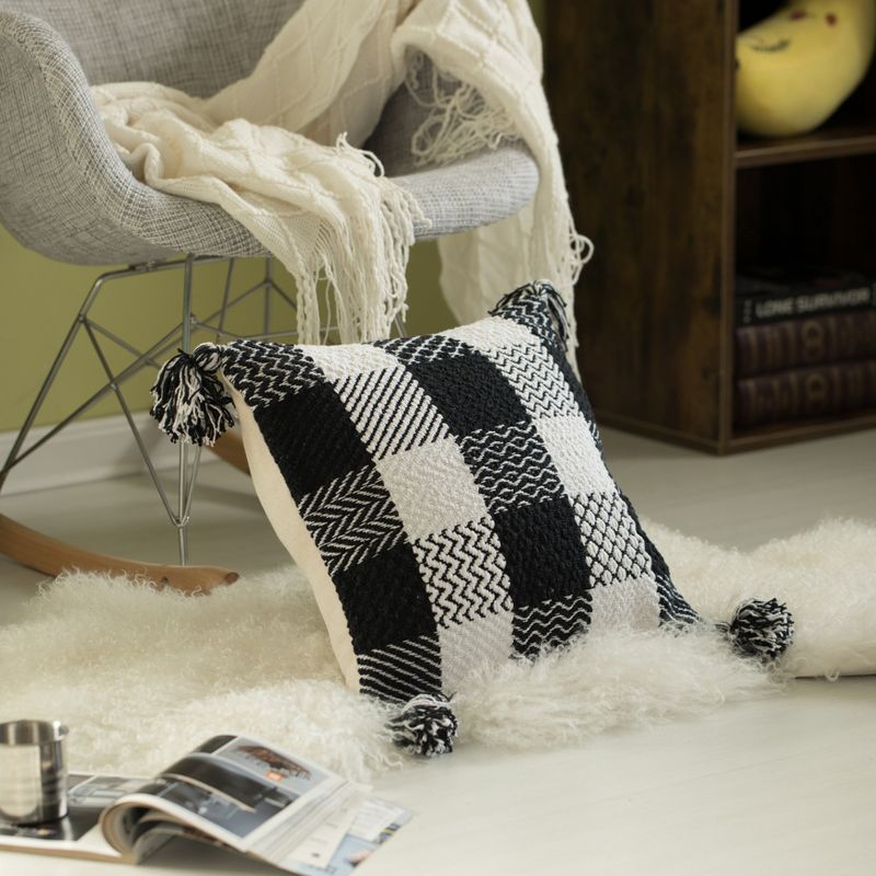DEERLUX 16" Handwoven Cotton Throw Pillow Cover with Patterned Gingham Design and Tasseled Corners , Black & White, 5 of 10