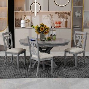 Oversart 5-Piece Retro Functional Dining Table Set Extendable Round Table and 4 Upholstered Chairs for Dining Room and Living Room (Grey) - 1 of 4