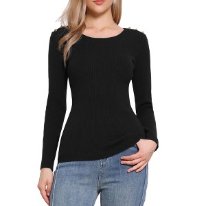 INSPIRE CHIC Women's Ribbed Knit Long Sleeve Crew Neck Button Decor Sweater - 1 of 4