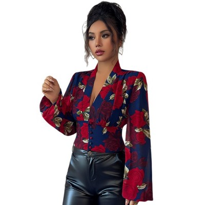 Women's Floral Print Deep V Neck Blouse Long Lantern Sleeve Button Front Shirt Fall Spring Crop Top