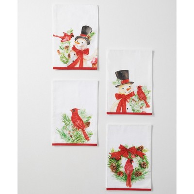 Sullivans Snowman & Cardinal Cotton Towel Set of 4, 27.5"L Multicolored