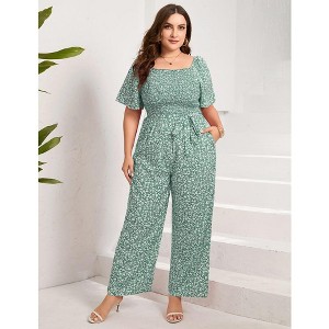 Women's Plus Size Wide Leg Floral Jumpsuits Casual Summer Outfits with Belt Bell Sleeve Smocked Floral Green 3XL - 1 of 4