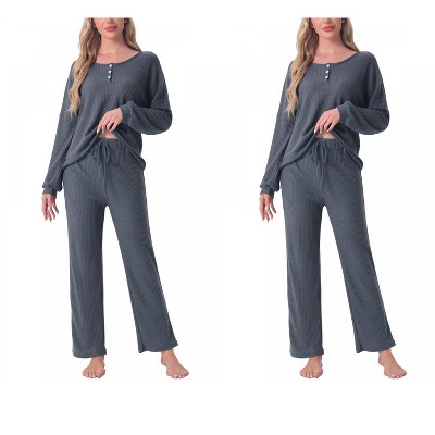 cheibear Women's Waffle Knit Lounge Longsleeve Soft Pajama Set