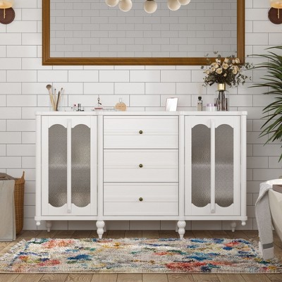 FUFU&GAGA White Elegant Storage Drawer Cabinet with Frosted Glass Doors and Adjustable Shelves for Media Storage