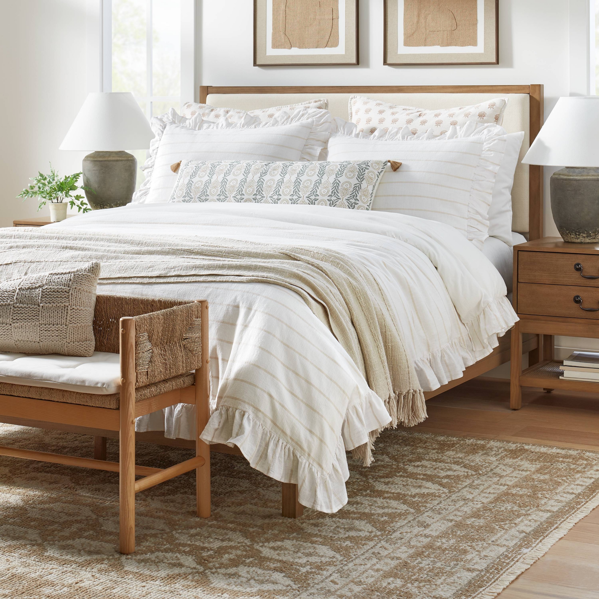 California King Yarn Dye Stripe with Ruffle Duvet Cover & Sham Set White/Khaki - Threshold™ with Studio McGee: Cotton Comfort
