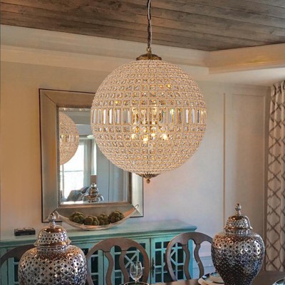 LLHZSY LLHZSY 5-Light Retro French Crystal Globe Chandelier 31 1/2"- Antique Brass Finish, Beaded Accent Globe Shade, Adjustable Height