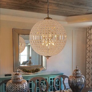 LLHZSY LLHZSY 5-Light Retro French Crystal Globe Chandelier 31 1/2"- Antique Brass Finish, Beaded Accent Globe Shade, Adjustable Height - 1 of 4