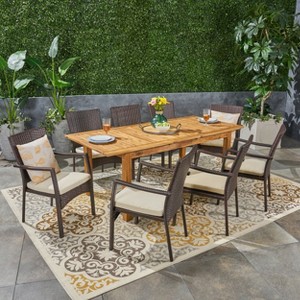 Christopher Knight Home Davenport Outdoor Acacia Wood and Wicker 9 Piece Expandable Dining Set with Cushion - 1 of 4