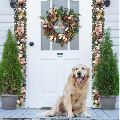 16ft Rose Gold Christmas Flower Vine - Christmas Decoration, Rose Gold Finish, Pine Cones, Silk Christmas Flowers, Electroplated Christmas Balls