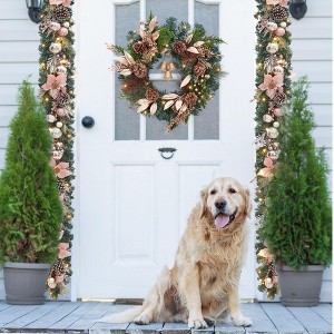 16ft Rose Gold Christmas Flower Vine - Christmas Decoration, Rose Gold Finish, Pine Cones, Silk Christmas Flowers, Electroplated Christmas Balls - 1 of 4