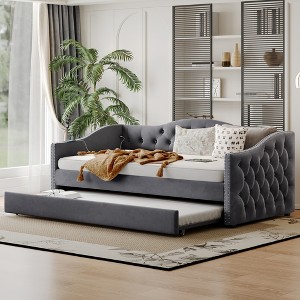 Twin Size Upholstered Daybed with Trundle and USB Charging Port, Plush Velvet Fabric Sofa Bed with Nailhead Trim, Wood Slat Support-- Frevyn - 1 of 4