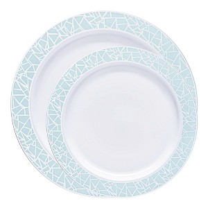 Smarty Had A Party White w/ Turquoise Blue and Silver Mosaic Rim Plastic Dinnerware Set - 40 Sets - 1 of 4